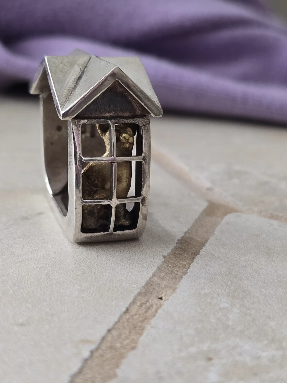 Sterling Silver Architectural House Ring with Gold Accents